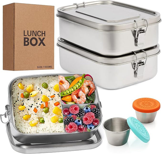LEEPENK 2PCS 304 Stainless Steel Lunch Container with Lockable Clips,3-Compartment Large 1500ML Metal Bento Box Bonus 2PCS Condiment Containers & Leakproof Lids for for Office and Gym