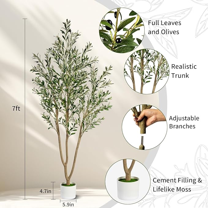 7FT Artificial Olive Tree, Indoor Faux Olive Tree Fake Potted Silk Olive Tree Plants with Lifelike Branches & Fruits for Home Office Decor