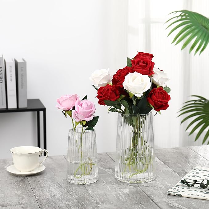 Ribbed Flower Vases Set of 2, Clear Vases for Flowers, Flower Vase for Bouquet, Modern Ribbed Glass Vase for Living Room, Bedroom, Dining Table, Office, Wedding, Centerpieces