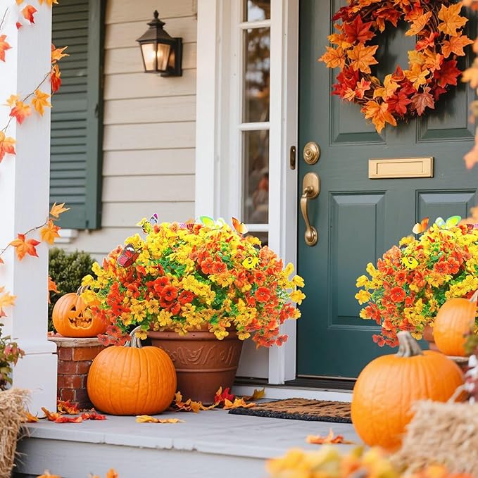 20 Bundles Artificial Flowers for Outdoors‌ with 6 Faux Butterflies, UV Resistant Fake Flowers‌ with Eucalyptus Leaves, Artificial Plants Outdoor‌ for Patio Garden Porch Home Decor (Orange Yellow)