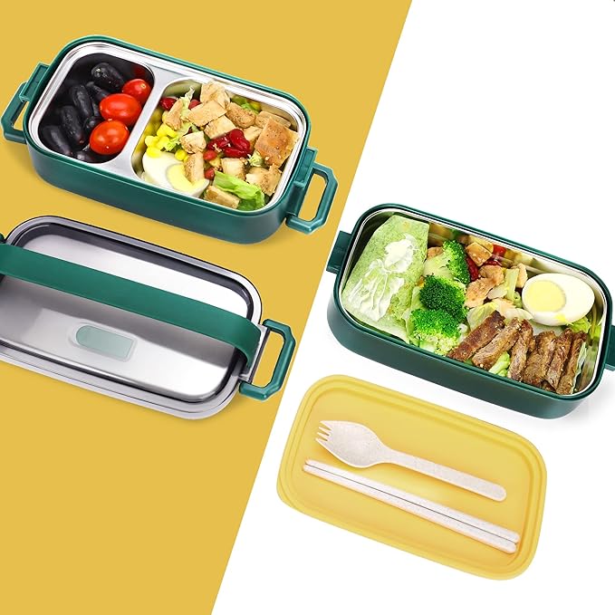 Stainless Steel Bento Box for Adults&Kids,Japanese Leakproof Lunch Box Divided Food Meal Storage Containers Set Stackable 2 Layer for Children School Picnic Green
