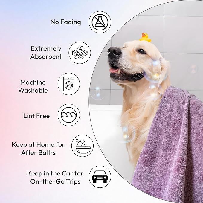 JML Microfiber Bath Towel for Kids, Pet Towels for Drying Dogs Cats, Super Absorbent and Soft Fleece Pet Grooming Blanket for Shower & Bath Supplies, 2 Pack, 40" x 27.5", Purple