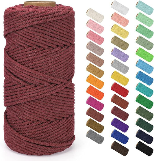Macrame Cord 4mm x 109Yards (328Feet), Natural Cotton Macrame Rope - 4 Strands Twisted Macrame Cotton Cord for Wall Hanging, Plant Hangers, Crafts, Gift Wrapping and Wedding Decorations, Wine Red