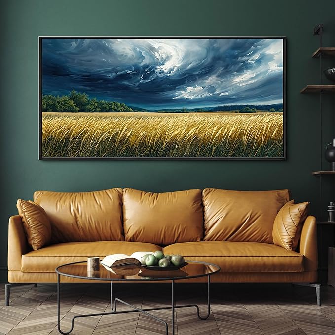 yiijeah Blue Abstract Canvas Wall Art - Rustic Wall Decor Living Room Bedroom Office Large Paintings Picture Framed Artwork for Walls Forest Landscape Sky Black Cloud Home Decoration