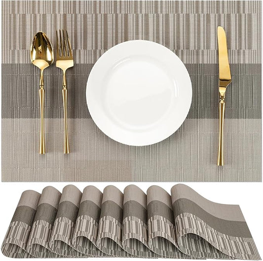 Placemats Set of 8, Vinyl Woven Place Mats Indoor Set of 8 Washable Wipeable PVC Table Mats Heat-Resistant Non Slip Placemat for Kitchen Dining Outdoor Table (Gray Dark Gray, Set of 8)