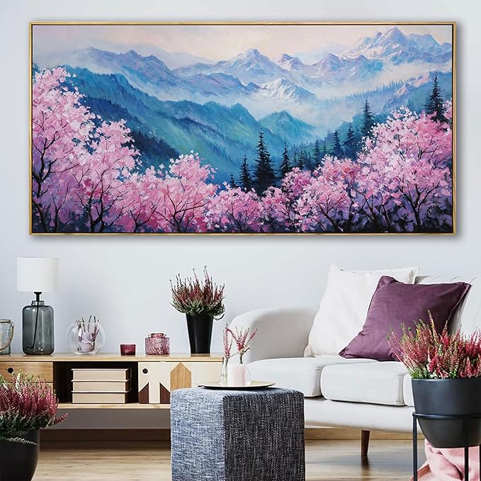 yiijeah Extra Large Canvas Wall Art Work for Wall Decor Living Room Mountain Pink Tree Landscape Picture Framed Paintings Artwork for Bedroom Office Home Decoration