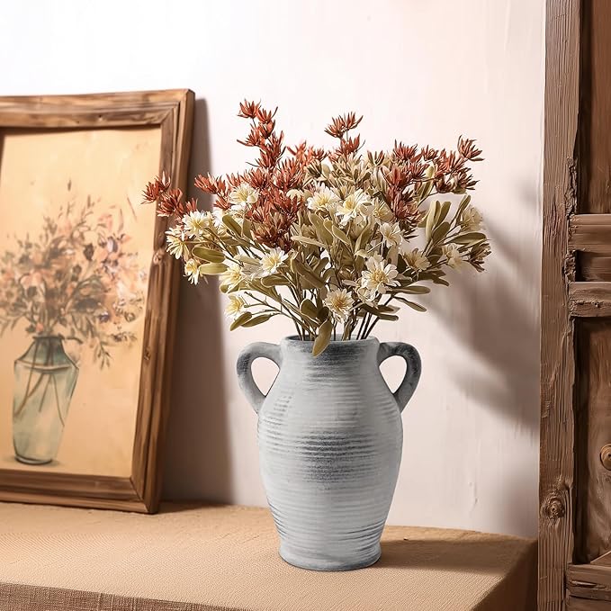 Sunddo Rustic Ceramic Vase for Home Decor, 8 inch Farmhouse Vintage Boho Vase, Farmhouse Decor, Table Living Room Bedroom Fireplace Decor