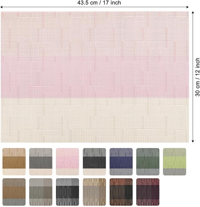 Placemats Set of 6, Vinyl Woven Place Mats Indoor Set of 6 Washable Wipeable PVC Table Mats Heat-Resistant Non Slip Plastic Placemat for Kitchen Dining Outdoor Table (Beige Pink, Set of 6)