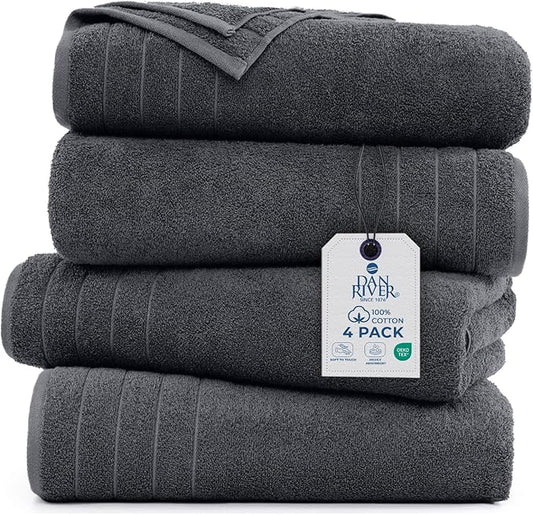 DAN RIVER Bath Towels Set of 4, 30 x 60 Inches, 100% Cotton, Larger & Lighter Weight, Quicker to Dry, Super Soft and Absorbent, Ideal Hotel Towels for Daily Use, Dark Grey