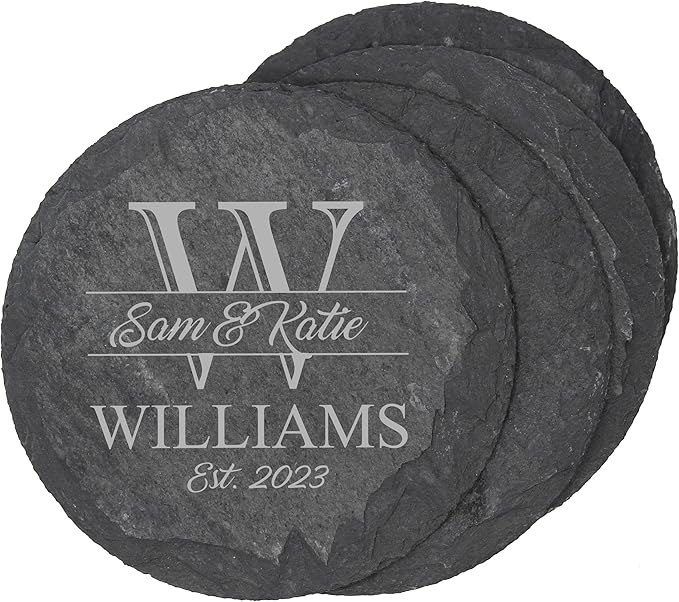 My Personal Memories Custom Engraved Slate Coasters Set of 4 - Monogrammed Coasters for Drinks, Weddings, Couples, Anniversaries - Personalized (Round)