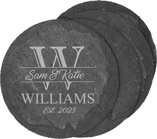 My Personal Memories Custom Engraved Slate Coasters Set of 4 - Monogrammed Coasters for Drinks, Weddings, Couples, Anniversaries - Personalized (Round)
