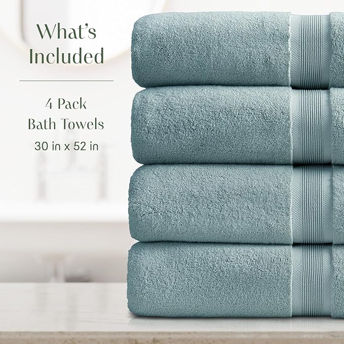 Springtree Home Luxury Bamboo Rayon Bath Towel Set of 4 | 35% Bamboo Rayon - 65% Cotton | Absorbent Quick-Dry Towels for Bathroom | Oeko-TEX Standard 100 Cotton | Aegean