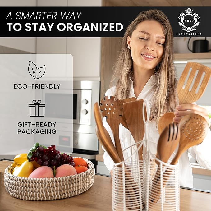 360° Rotating Kitchen Utensil Holder- 3 Compartment Organizer with Cork Bottom | Includes Premium 9-Piece Acacia Wood Utensil Set | Professional Luxury Design | Metal Utensil Crock (Matte white)
