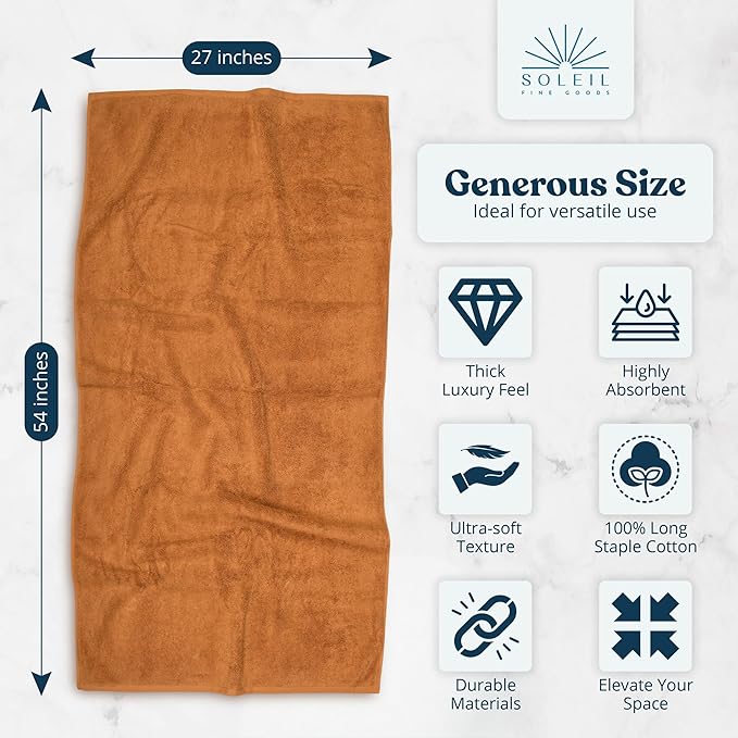 Soleil Fine Goods Luxurious 800 GSM 100% Cotton Bath Towel Set (4-Pack, 27x54) - Heavyweight & Ultra Absorbent, Plush Softness for Bathroom | Hotel & Spa Quality Luxury Towels- Brown Amber