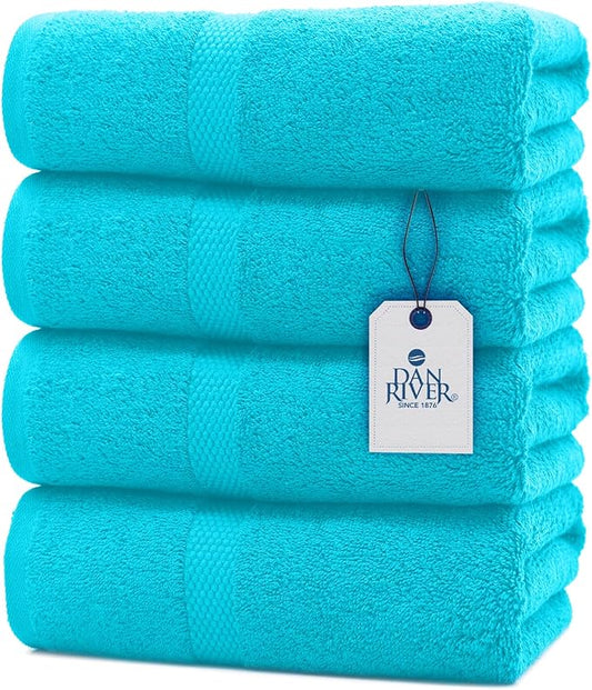 DAN RIVER Bath Towels Set of 4, 27 x 54 Inches, 100% Cotton, Larger & Lighter Weight, Quicker to Dry, Super Soft and Absorbent, Ideal Aqua Bath Towels for Daily Use