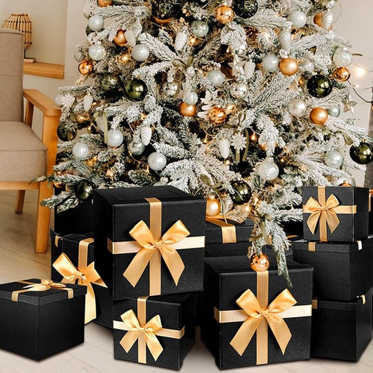 Tenceur 10 Pcs Gift Boxes with Lids Heavy Duty Nested Assorted Sizes Cardboard Gift Boxes for Presents with Ribbon for Xmas Holiday Present(Black, Gold,10 Size)