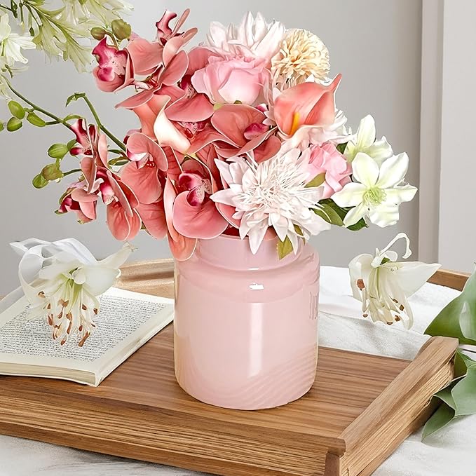 BLOFLO Pink Glass Vase, 7 Inch Large Glass Vase for Flowers, Modern Thick Glass Flower Vases for Centerpieces, Decorative Glass Cylinder Hydroponic Vase for Wedding, Home, Office (Pink, 7Inch)