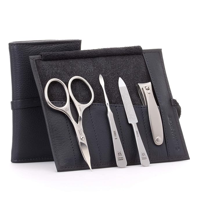 GERMANIKURE 4pc Manicure Set in Black Leather Case - Made in Solingen Germany, FINOX Stainless Steel Tools – Professional Quality Compact Nail Grooming Kit