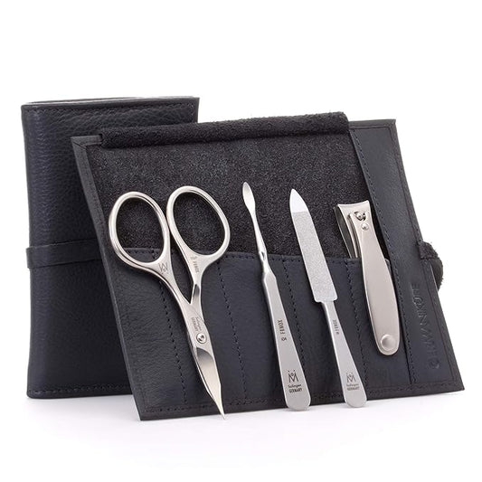 GERMANIKURE 4pc Manicure Set in Black Leather Case - Made in Solingen Germany, FINOX Stainless Steel Tools – Professional Quality Compact Nail Grooming Kit