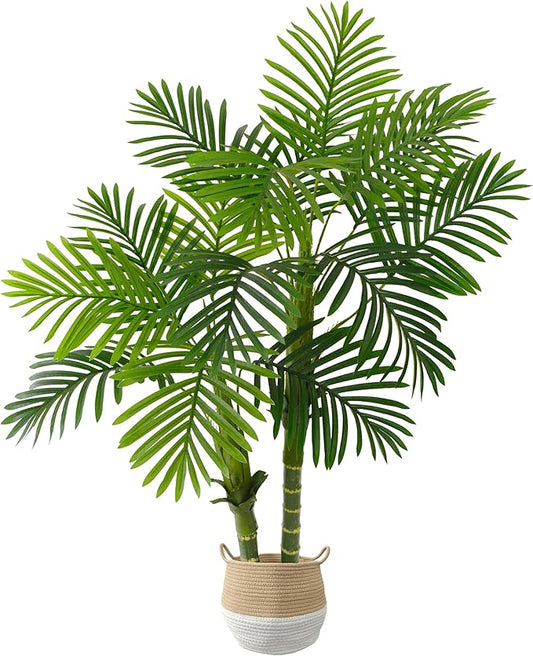 Artificial Palm Tree, 4ft Golden Cane Fake Palm Plant with Basket, Phoenix Palm UV Resistant Faux Plants for Indoor Outdoor Home Garden Patio Office Décor