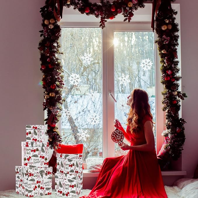 UNIQOOO 5PCS Christmas Nesting Gift Boxes with Lid, Nested Box Set, 5 Sizes, Square Stackable, Red White Green, Xmas Berry Candy Cane Paper Box Tower Décor, Holiday Thanksgiving New Year Packaging