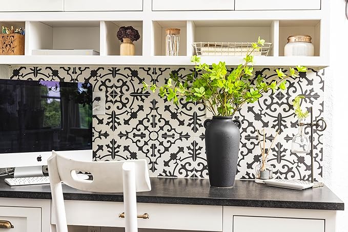 12 Inch Tall Black Ceramic Vase, with 5 Branches of 25 Inch Faux Artificial Vibrant Greenery Stems Set, Textured Minimalist Jug, Fake Stem Plants, Decorative Farmhouse, Console Table Centerpiece Decor