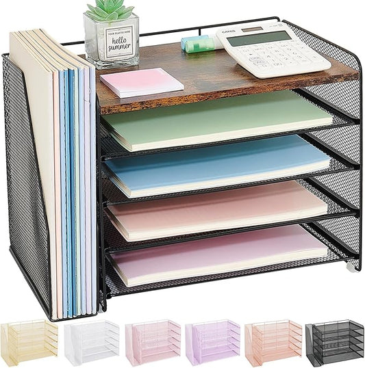 OPNICE 5-Tier Paper Organizer with Magazine Holder, Desk Organizers and Accessories, Office Desk Accessories & Workspace Organizers, Desktop File Organizer for Office Supplies Storage, Brown