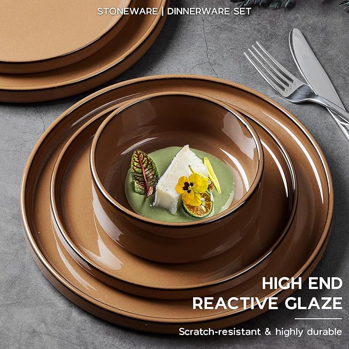 Onader Dinnerware Dishes Sets for 8, Stoneware Plates and Bowls with Unglazed Terracotta Bottom, Ceramic Kitchen Dinner Dish Set 24 Piece - Earthy Umber
