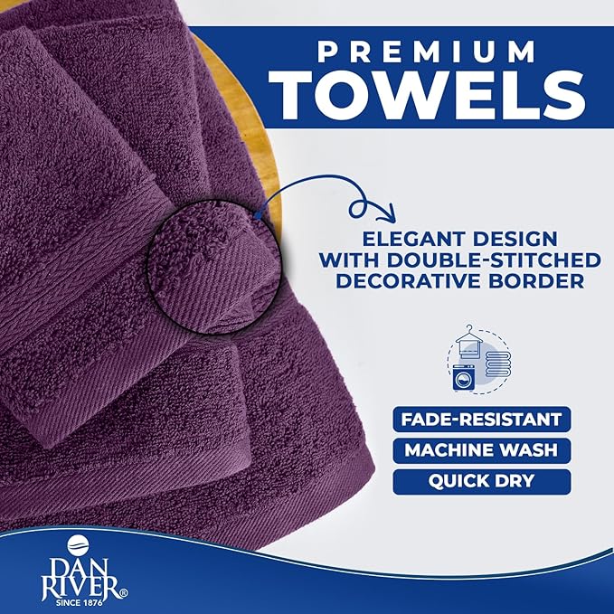 DAN RIVER 8 PC Luxury Bath Towels for Bathroom, 2 Bath, 2 Hand, and 4 Wash Cloths, 600 GSM 100% Ring Spun Cotton Towel Set, Highly Absorbent, Gym, Hotel, and Spa, Purple