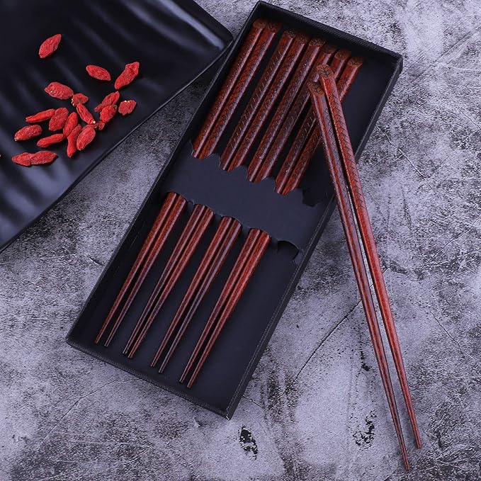 Antner 5 Pairs Hardwood Chopsticks Japanese Style Reusable Hand-Carved Chopsticks Natural Wood Chop Sticks with Gift Box, Dishwasher Safe