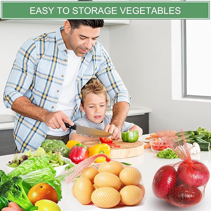 100Pcs Reusable Produce Plastic Mesh Bag,20 Inch Seafood Boil Bags，Kitchen Organizer Produce Packaging Supplies Net，Vegetable and Fruit Seafood Plastic Mesh Strap Storage Bag (Green)