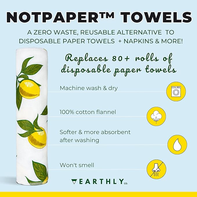 Reusable Paper Towels - 24 Pack - Roll of Washable Cotton Cloth Paper Towels - Paperless Reusable Napkins Cloth Washable - Absorbent + Long Lasting - Zero Waste Products - (Lemon)
