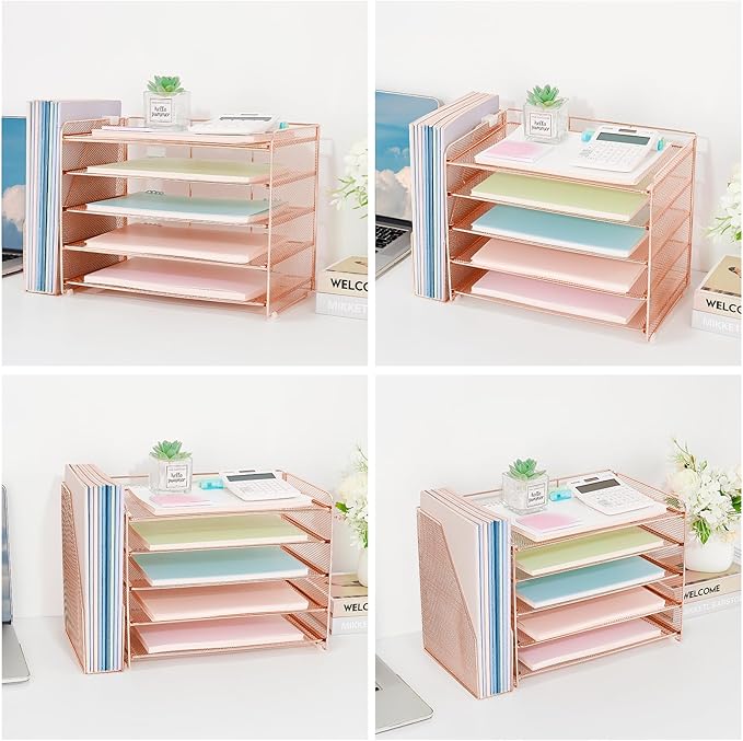 OPNICE 5-Tier Paper Organizer with Magazine Holder, Desk Organizers and Accessories, Office Desk Accessories & Workspace Organizers, Desktop File Organizer for Office Supplies Storage, Rose Gold
