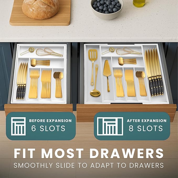 Sben Expandable Drawer Organizer for Utensils Holder, Adjustable Cutlery Tray, 6-8 Slots, Premium Wood Drawer Dividers Organizer for Silverware, Flatware, Knives for Kitchen (White)