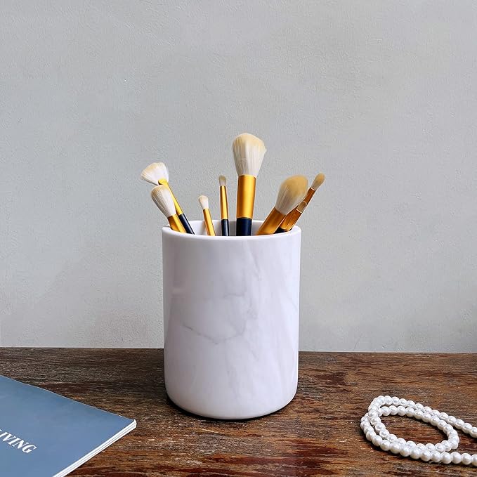 Handmand Natural Marble Stone Vintage Kitchen Utensil Holder - 5.1" D X 6.3" H Kitchen Counter Organizers and Storage Tool Crock (Jazz White)