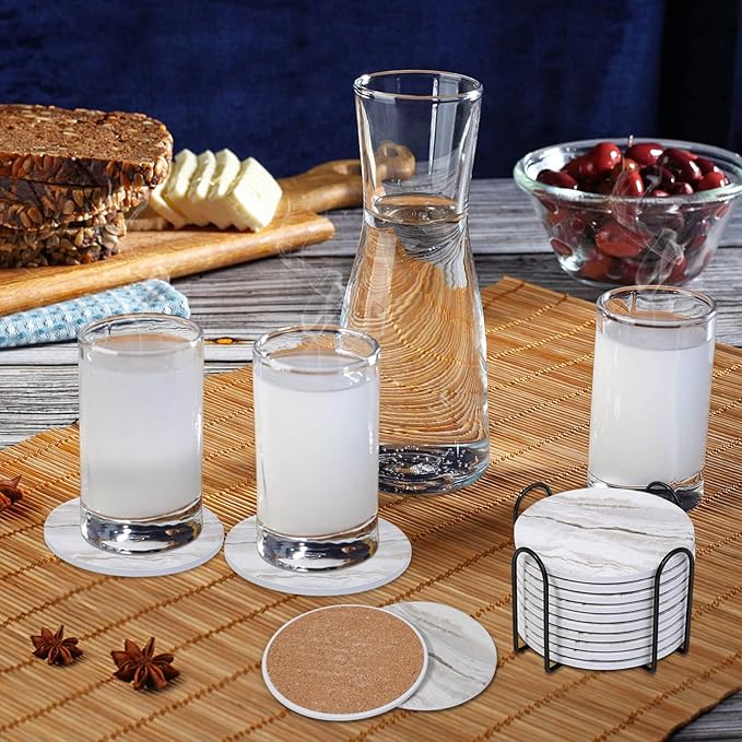 Acejoz Drink Coasters with Holder for Coffee Table, Absorbent Coaster Set of 6, Marble Style Ceramic Coaster for Wooden Table, Suitable for Kinds of Cups, Home Decor, 4 Inches