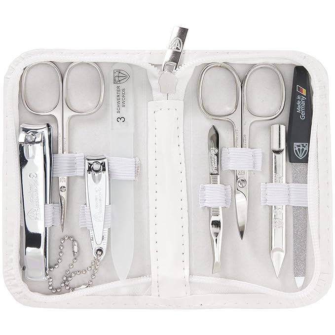 3 Swords Germany - brand quality 8 piece manicure pedicure grooming kit set synthetic leather case white - Made in Germany