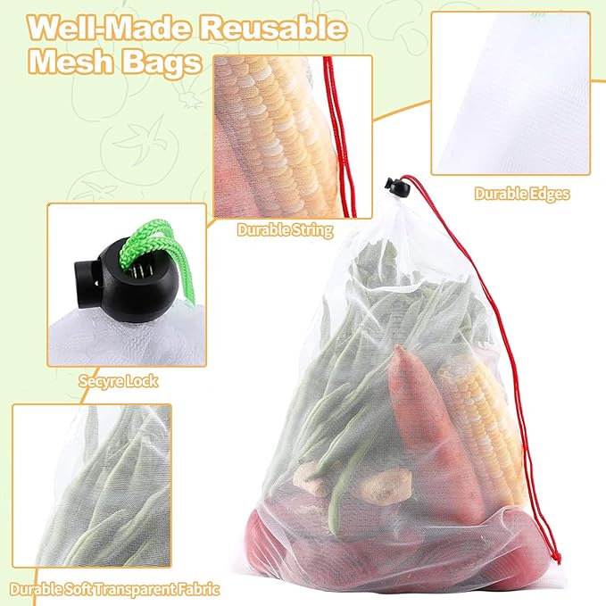 20 Pack Reusable Produce Bags, Washable Produce Mesh Bags, Durable Vegetable Fruits Bag, See-Through Toy Storage Mesh Bag with Drawstring for Fruits Vegetables Fridge Storage Toys, 3 Sizes