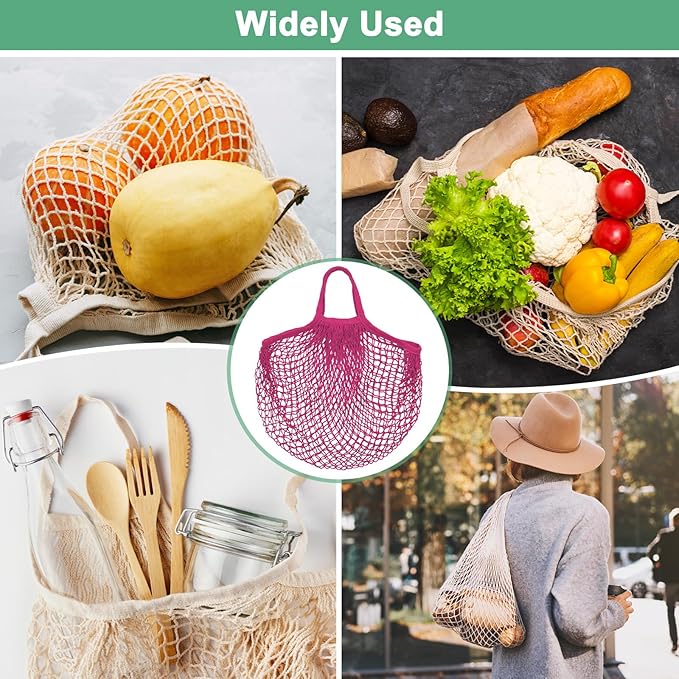 2-Pack Cotton Mesh Bag, Reusable Washable Mesh Net String Grocery Bags, Reusable Produce Bags with Handle, Net Tote Bag for Fruits/Vegetables Shopping [Rose Red, Long&Short Handle]