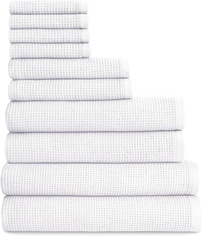 Cozy Earth Complete Waffle Bath Bundle - 60% Cotton 40% Viscose from Bamboo - Quick Dry & Ultra-Soft Waffle Weave Bath Towels - 4 Washcloths, 2 Hand Towels, 2 Bath Towels, 2 Bath Sheets, White