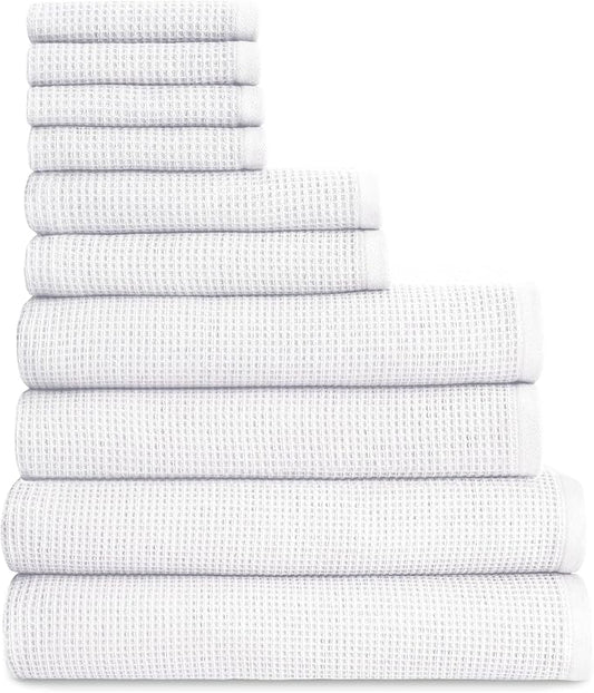 Cozy Earth Complete Waffle Bath Bundle - 60% Cotton 40% Viscose from Bamboo - Quick Dry & Ultra-Soft Waffle Weave Bath Towels - 4 Washcloths, 2 Hand Towels, 2 Bath Towels, 2 Bath Sheets, White