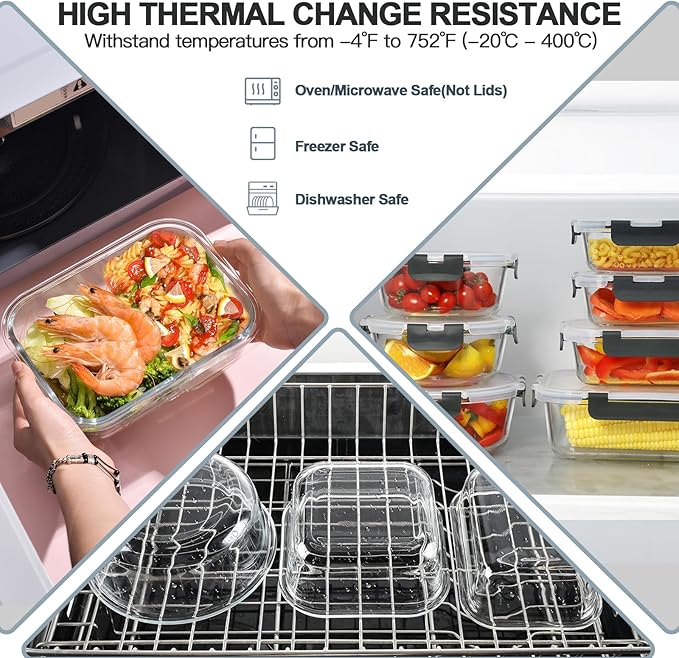 KAMOTA Glass Food Storage Containers, Grey Glass Meal Prep Containers, Airtight Containers with Snap-Lock Lids, Set of 12, for Microwave/Oven/Freezer/Dishwasher