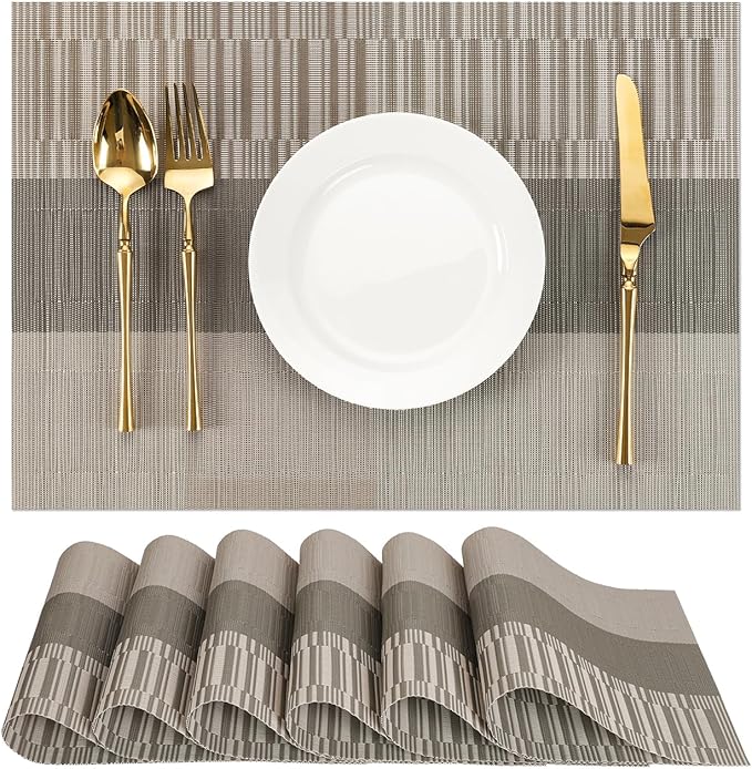 Placemats Set of 6, Vinyl Woven Place Mats Indoor Set of 6 Washable Wipeable PVC Table Mats Heat-Resistant Non Slip Placemat for Kitchen Dining Outdoor Table (Gray Dark Gray, Set of 6)