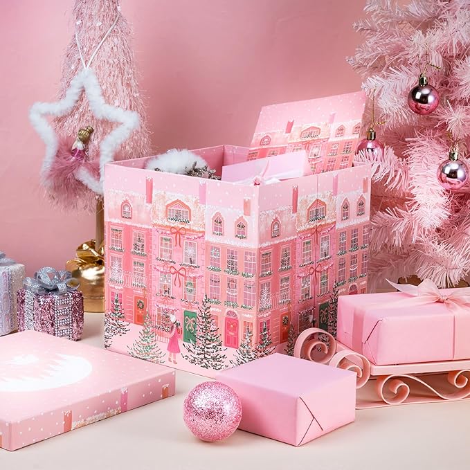 RUSPEPA Christmas Gift Box with Lid, Pink Holiday Townhouse Design with Santa Sleigh Lid, Medium Collapsible Holiday Box with Ribbon, Tissue Paper for Gift Wrapping, Candy Storage, 9x9x9 Inches, 1 Pcs