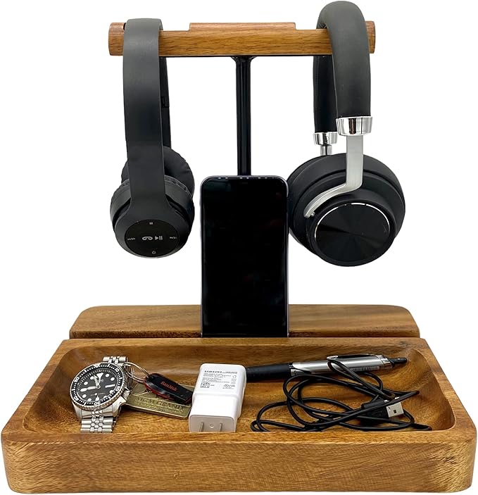 Dual Headphone Stand, Solid Acacia Wood Headset Holder for 2 Headphones, Cell Phone & Tablet, Desk Organizer Tray for iPhone, iPad, Bose, Sony, Beats, Sennheiser, Gaming & Office Desk Setup