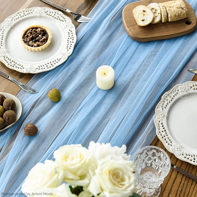 Artoid Mode Dusty Blue Gauze Table Runner 120 Inch 10FT, Seasonal Sheer Kitchen Dining Holiday Wedding Birthday Baby Shower Table Decor for Home Party