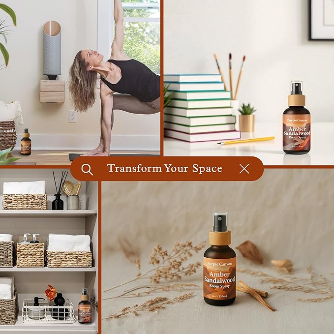 Purple Canyon Amber & Sandalwood Room Spray — 4 oz Natural Linen & Room Freshener — Warm, Woody & Resinous Fragrance Mist — Cozy Home Ambiance — Premium Natural Fragrance Oils