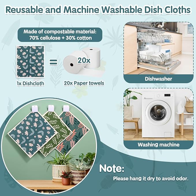 Lucomb 10 Pack Swedish Dishcloths Reusable- Cellulose Cotton Swedish Dish Towels Washable Kitchen Cloths with Hanging Clips, Reusable Paper Towels No Odor for Cleaning Dishes Home Decorative