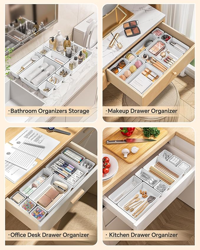25 PCS Plastic Drawer Organizers Set, 4 Sizes Vanity Organizer, Makeup and Desk Drawer Organizer Trays, Organization and Storage for Makeup, Bathroom, Kitchen Utensils and Office (White)
