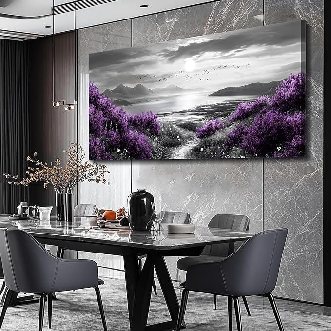 Canvas Wall Art for Living Room Large Wall Decor for Bedroom Modern Office Wall Decoration Purple Flowers Landscape Paintings Black and White Scenery Pictures Artwork Aesthetic Home Decor